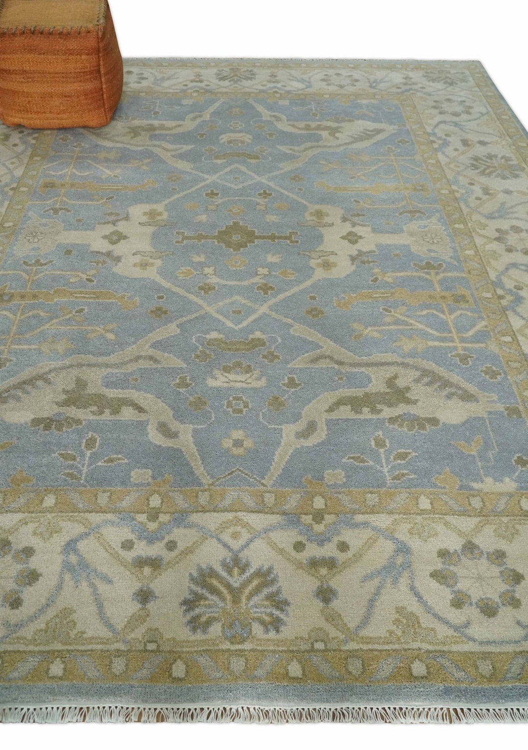 8x10 Hand Knotted Oriental Oushak Silver, Ivory and Beige Wool Area Rug | TRDCP1164810 - The Rug Decor