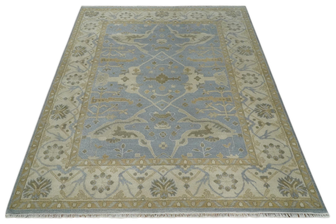 8x10 Hand Knotted Oriental Oushak Silver, Ivory and Beige Wool Area Rug | TRDCP1164810 - The Rug Decor