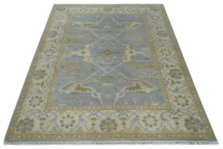 8x10 Hand Knotted Oriental Oushak Silver, Ivory and Beige Wool Area Rug | TRDCP1164810 - The Rug Decor
