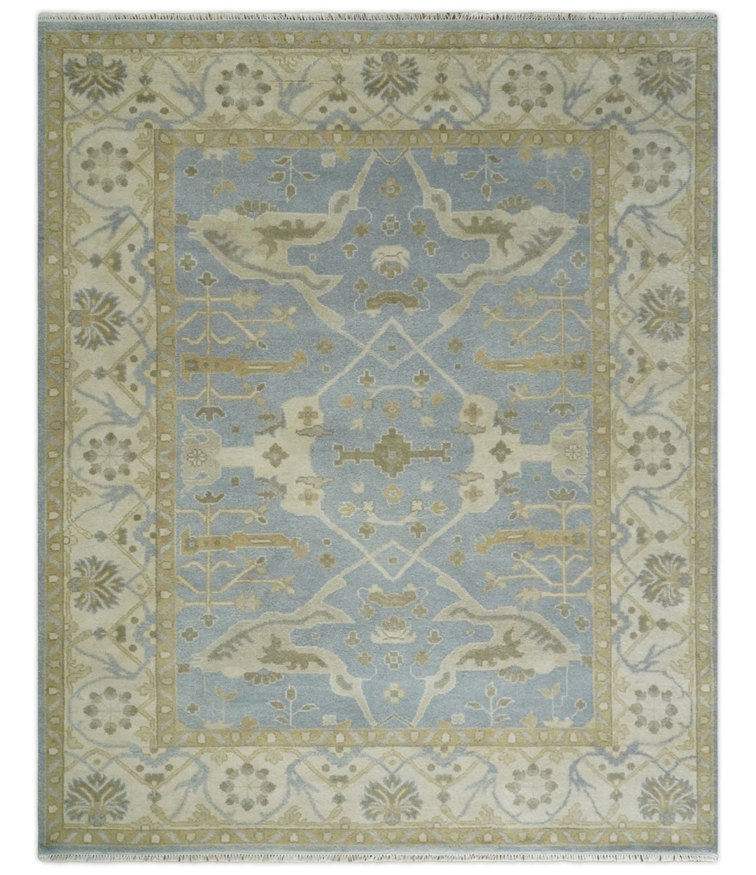 8x10 Hand Knotted Oriental Oushak Silver, Ivory and Beige Wool Area Rug | TRDCP1164810 - The Rug Decor