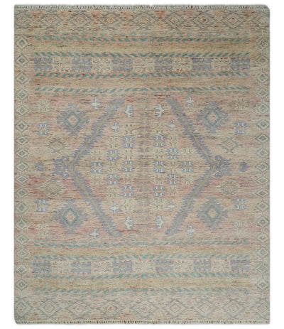 8x10 Hand Knotted Peach and Beige Oriental Traditional Area Rug - The Rug Decor