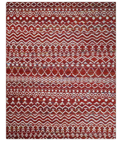 8x10 Hand Knotted Red and White Modern Contemporary Southwestern Tribal Trellis Recycled Silk Area Rug | OP27 - The Rug Decor
