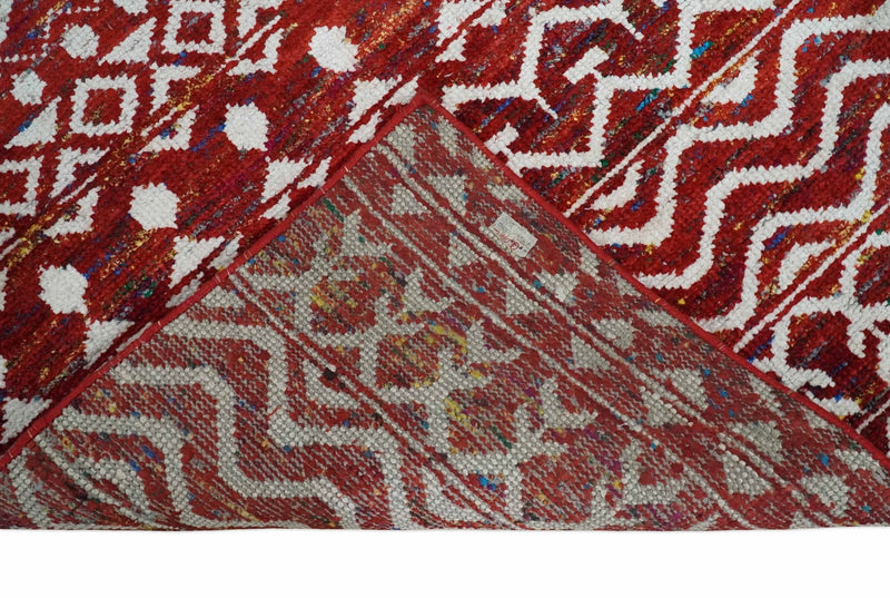 8x10 Hand Knotted Red and White Modern Contemporary Southwestern Tribal Trellis Recycled Silk Area Rug | OP27 - The Rug Decor