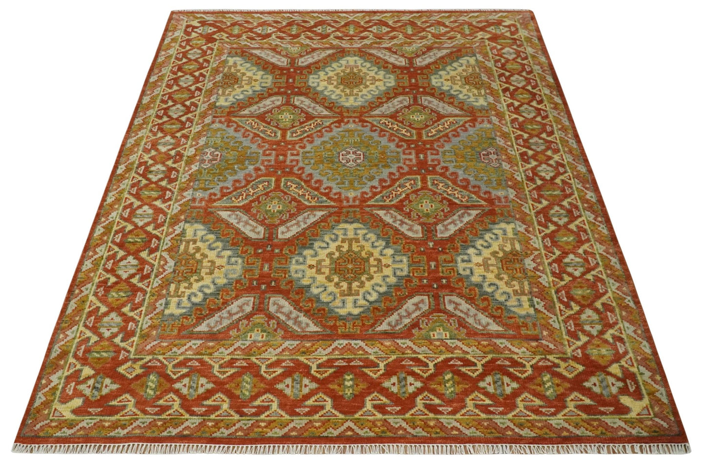 8x10 Hand Knotted Red, Beige and Gray Oriental Traditional Wool Area Rug - The Rug Decor