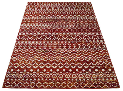 8x10 Hand Knotted Red, Gold and White Modern Contemporary Southwestern Tribal Trellis Recycled Silk Area Rug | OP2 - The Rug Decor