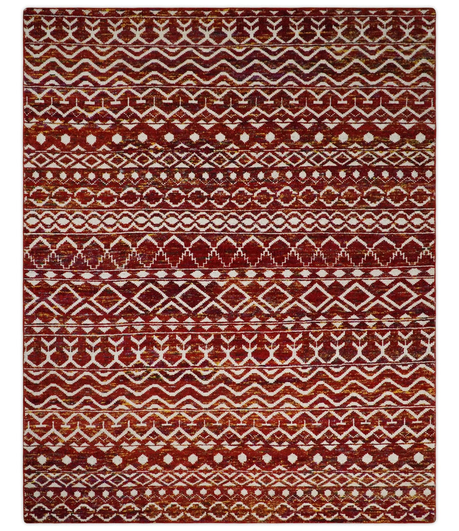 8x10 Hand Knotted Red, Gold and White Modern Contemporary Southwestern Tribal Trellis Recycled Silk Area Rug | OP2 - The Rug Decor