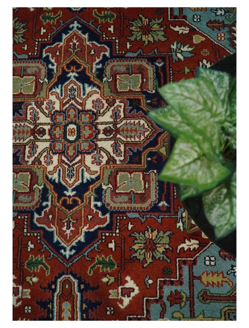 8x10 Hand Knotted Rust and Blue Traditional Vintage Heriz Serapi Antique Wool Rug | TRDCP576810 - The Rug Decor