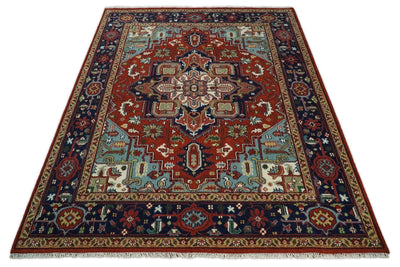8x10 Hand Knotted Rust and Blue Traditional Vintage Heriz Serapi Antique Wool Rug | TRDCP576810 - The Rug Decor