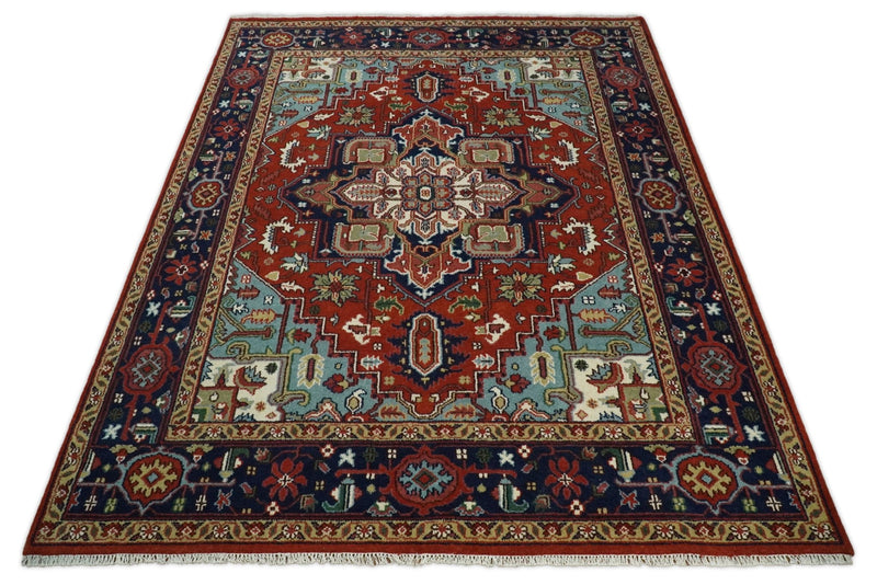 8x10 Hand Knotted Rust and Blue Traditional Vintage Heriz Serapi Antique Wool Rug | TRDCP576810 - The Rug Decor