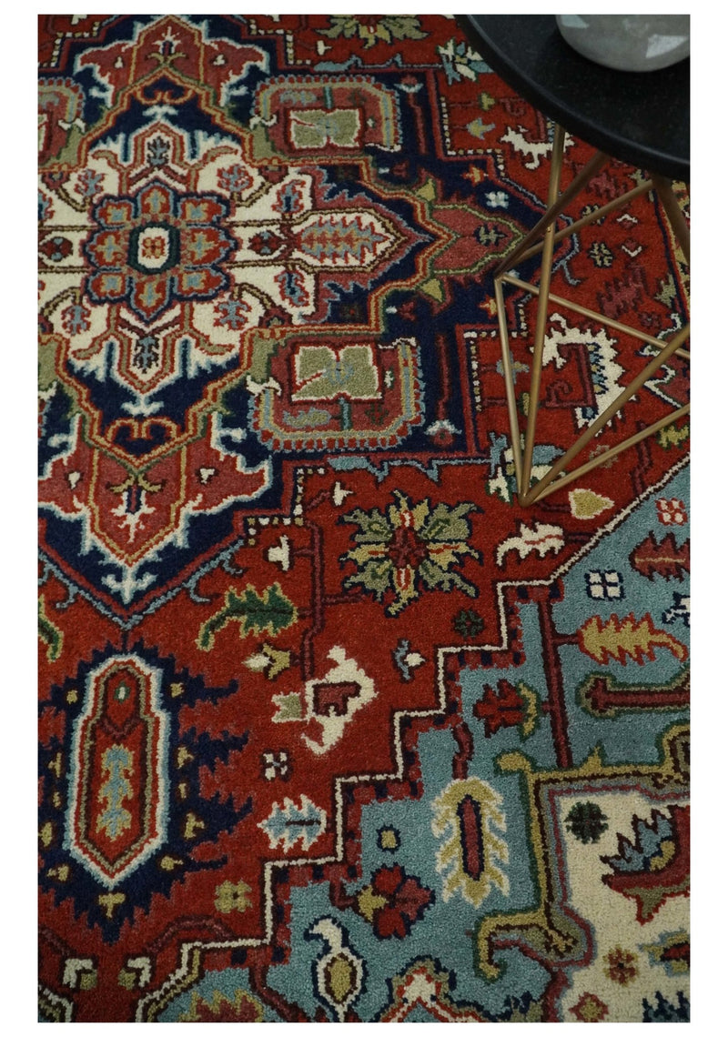 8x10 Hand Knotted Rust and Blue Traditional Vintage Heriz Serapi Antique Wool Rug | TRDCP576810 - The Rug Decor