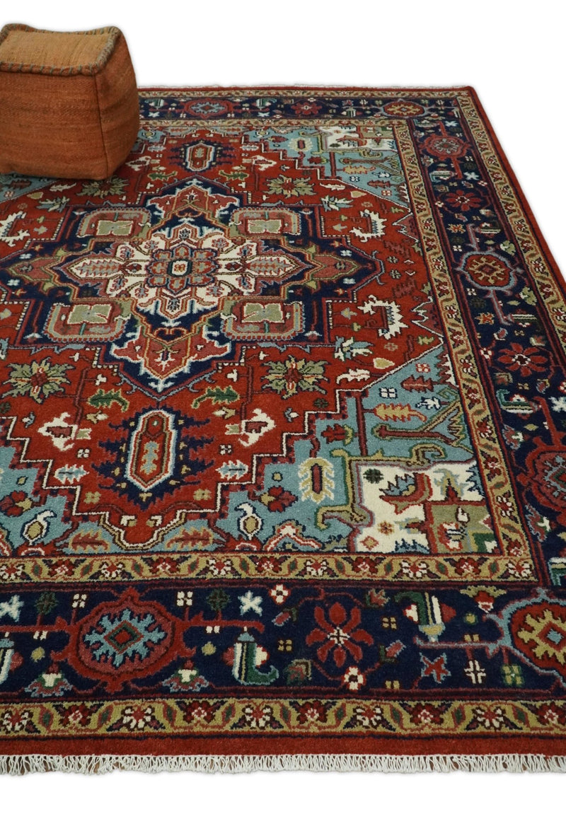 8x10 Hand Knotted Rust and Blue Traditional Vintage Heriz Serapi Antique Wool Rug | TRDCP576810 - The Rug Decor
