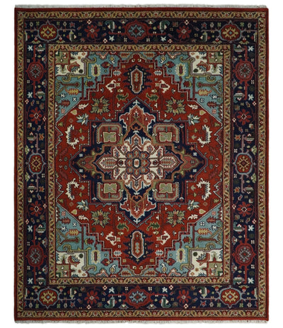 8x10 Hand Knotted Rust and Blue Traditional Vintage Heriz Serapi Antique Wool Rug | TRDCP576810 - The Rug Decor