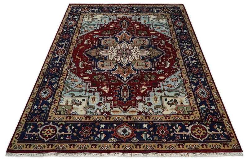 8x10 Hand Knotted Rust and Blue Traditional Vintage Persian Heriz Serapi Antique Wool Rug | TRDCP575810 - The Rug Decor