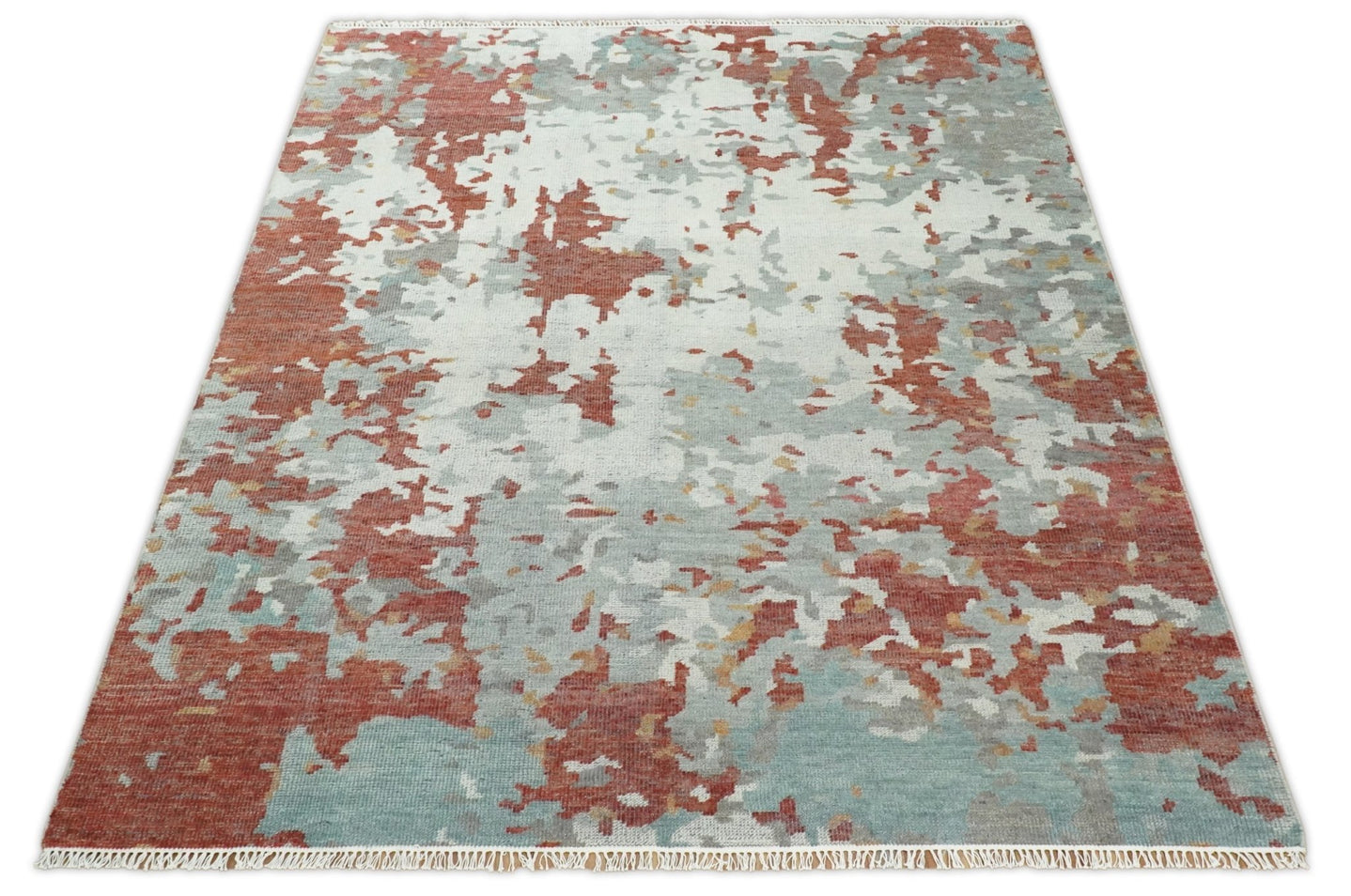 8x10 Hand Knotted Rust and Gray Modern Abstract Low Pile Contemporary Wool Rug | TRD2651 - The Rug Decor