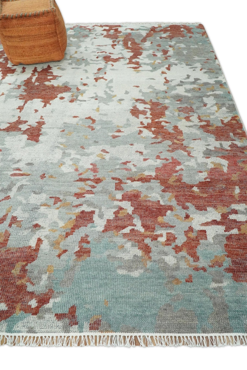 8x10 Hand Knotted Rust and Gray Modern Abstract Low Pile Contemporary Wool Rug | TRD2651 - The Rug Decor