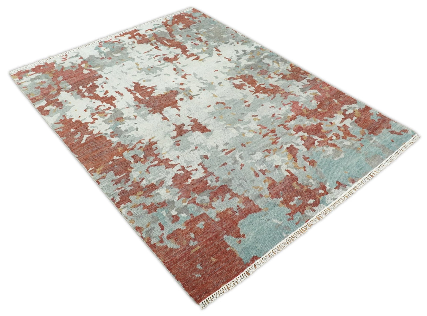 8x10 Hand Knotted Rust and Gray Modern Abstract Low Pile Contemporary Wool Rug | TRD2651 - The Rug Decor
