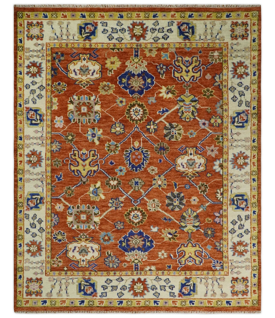 8x10 Hand Knotted Rust and Ivory Traditional Vintage Persian Oushak Antique Wool Rug | TRDCP658 - The Rug Decor