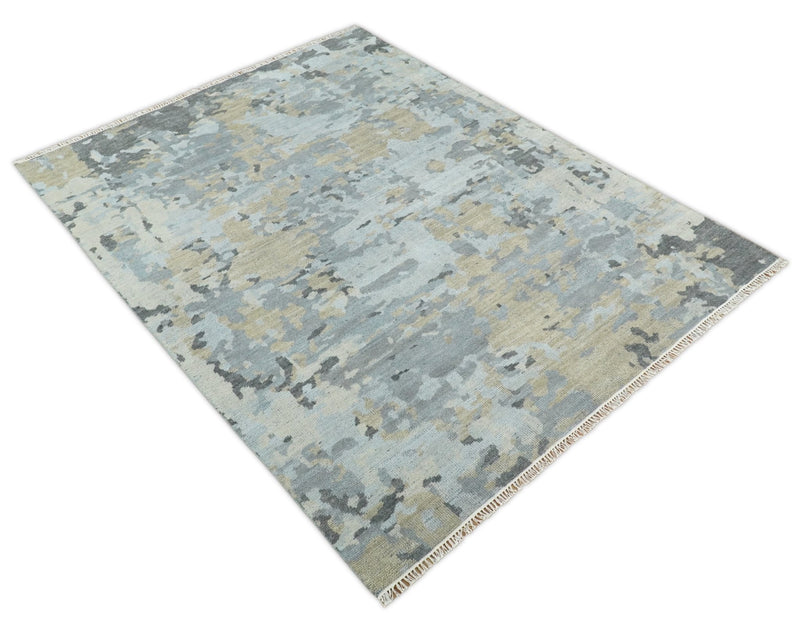 8x10 Hand Knotted Silver and Beige Modern Abstract Low Pile Contemporary Wool Rug | TRD2652 - The Rug Decor