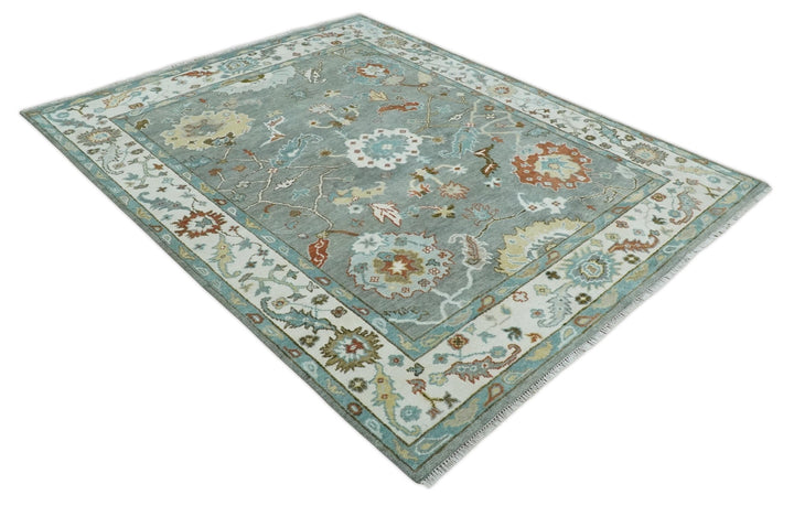 8x10 Hand Knotted Silver and Ivory Oriental Oushak Wool Rug - The Rug Decor