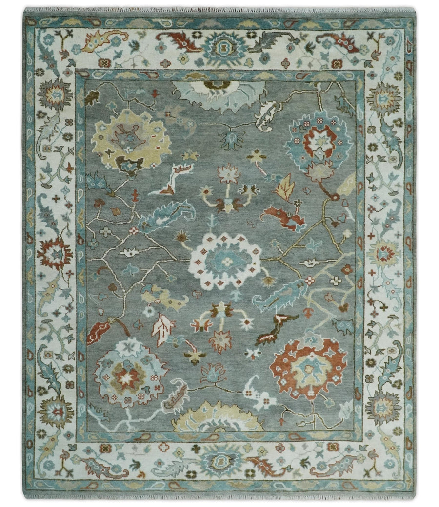 8x10 Hand Knotted Silver and Ivory Oriental Oushak Wool Rug - The Rug Decor