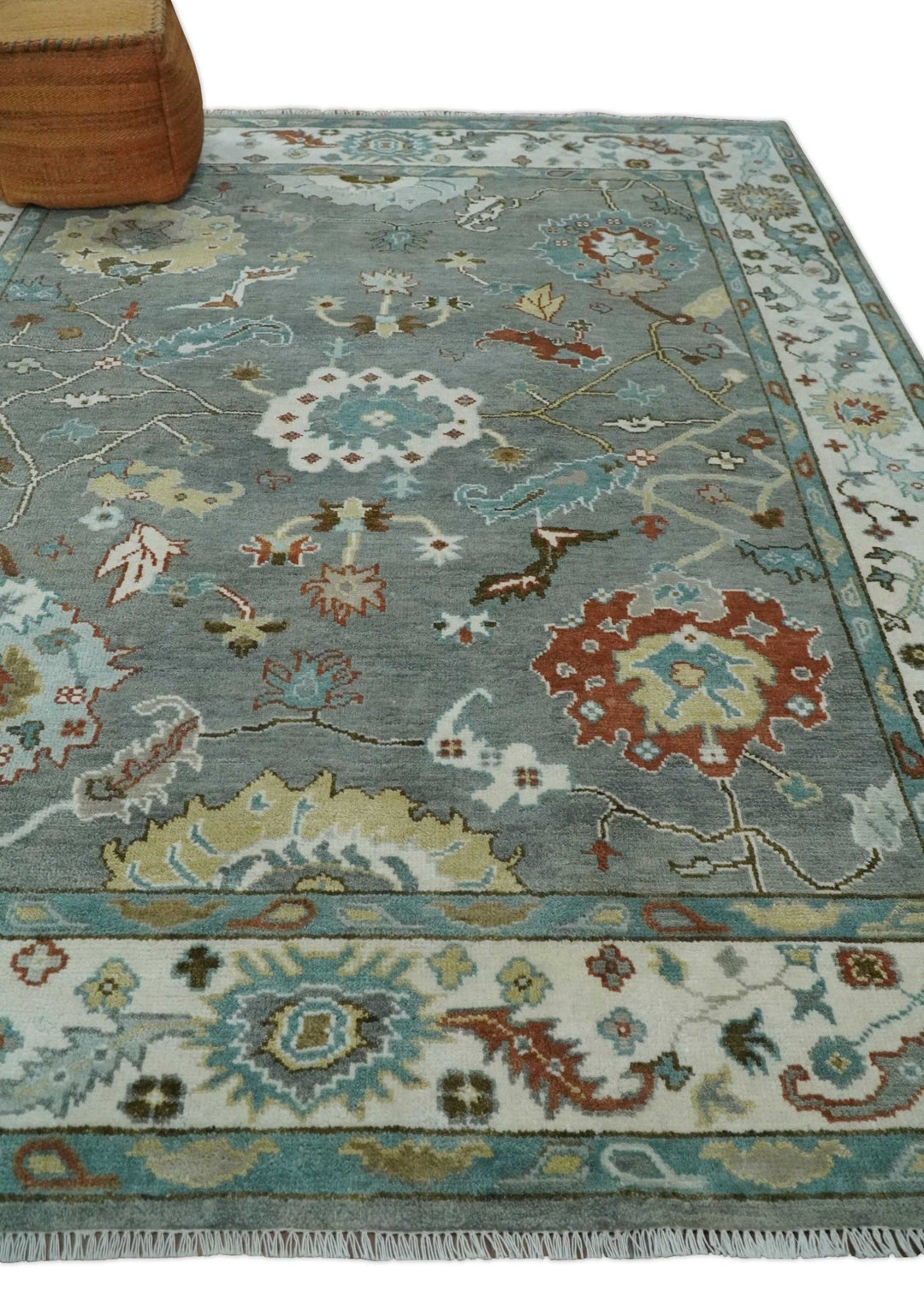 8x10 Hand Knotted Silver and Ivory Oriental Oushak Wool Rug - The Rug Decor
