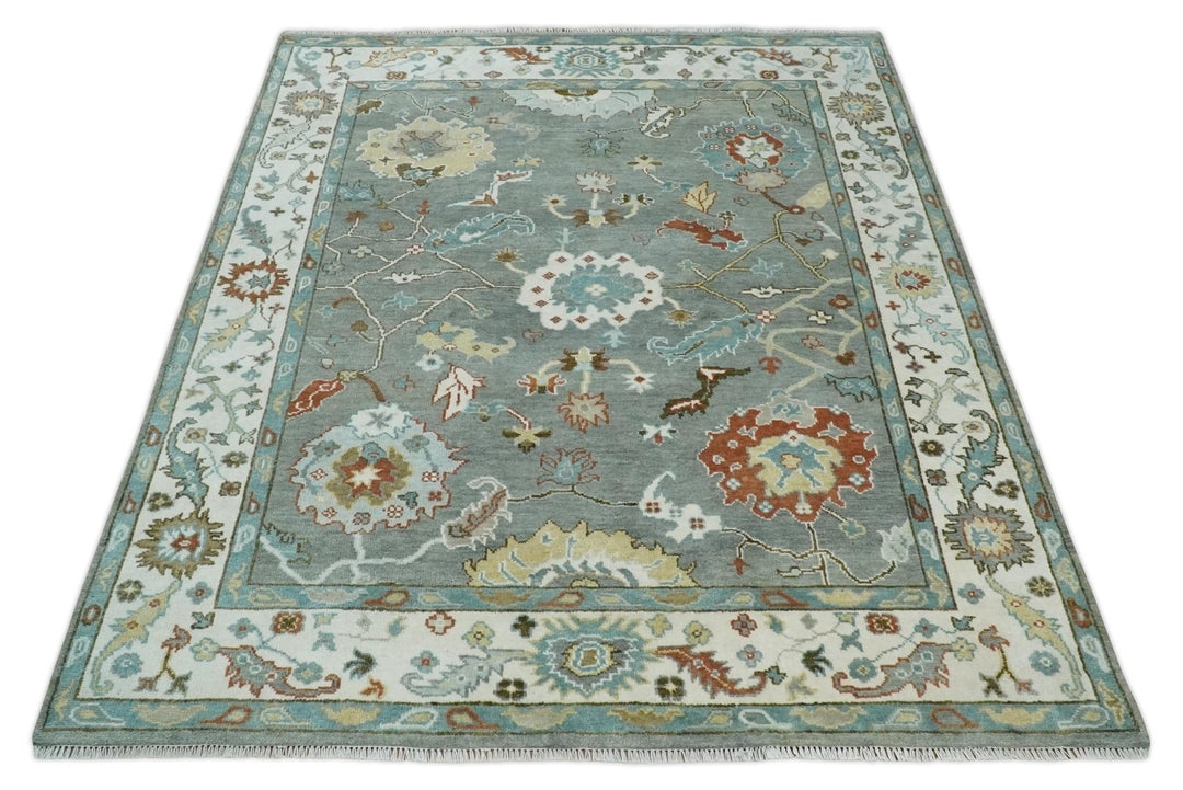 8x10 Hand Knotted Silver and Ivory Oriental Oushak Wool Rug - The Rug Decor