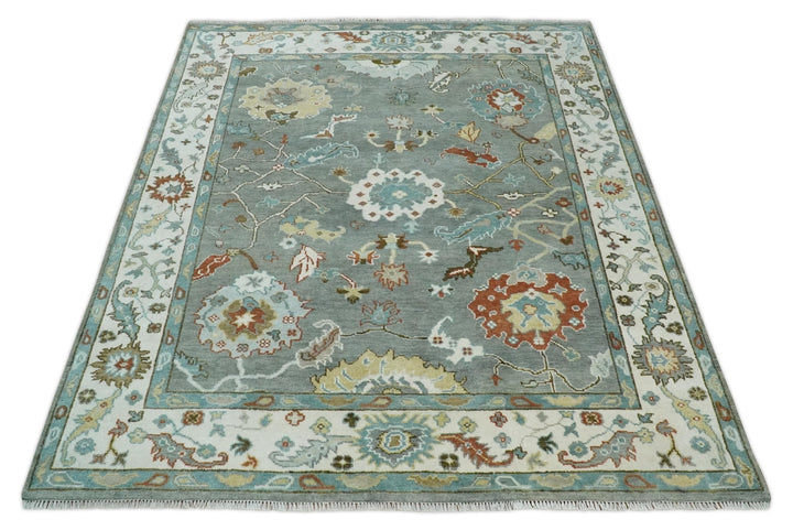 8x10 Hand Knotted Silver and Ivory Oriental Oushak Wool Rug - The Rug Decor