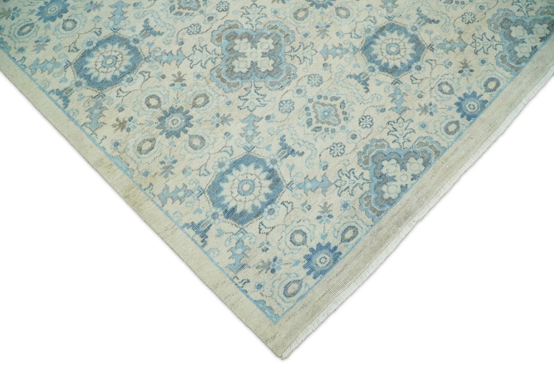 8x10 Hand Knotted Traditional Ivory and Blue Oxidized Textured Low Pile Wool Rug | TRD1650810 - The Rug Decor