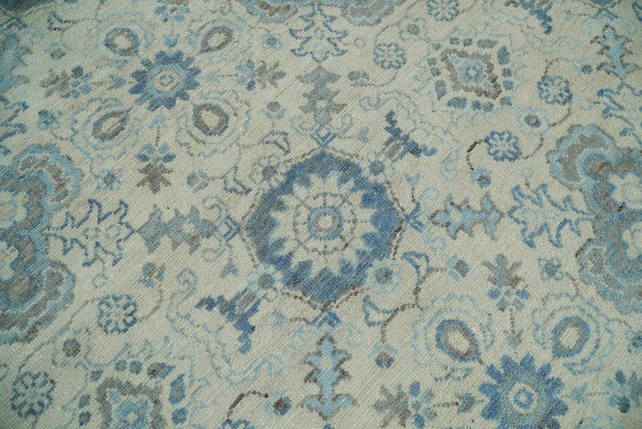 8x10 Hand Knotted Traditional Ivory and Blue Oxidized Textured Low Pile Wool Rug | TRD1650810 - The Rug Decor