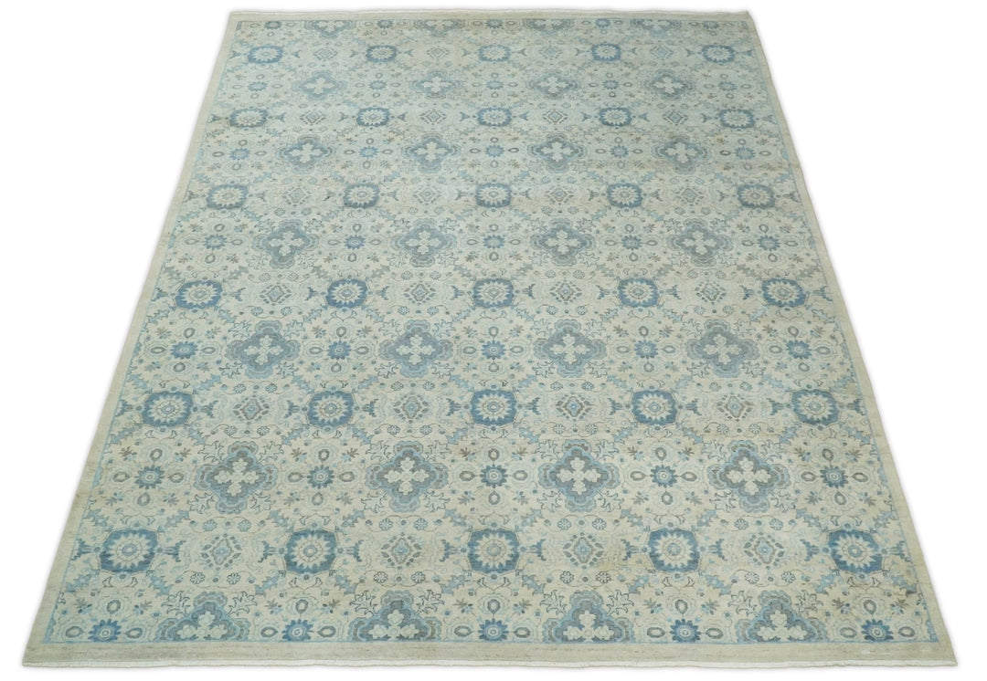 8x10 Hand Knotted Traditional Ivory and Blue Oxidized Textured Low Pile Wool Rug | TRD1650810 - The Rug Decor