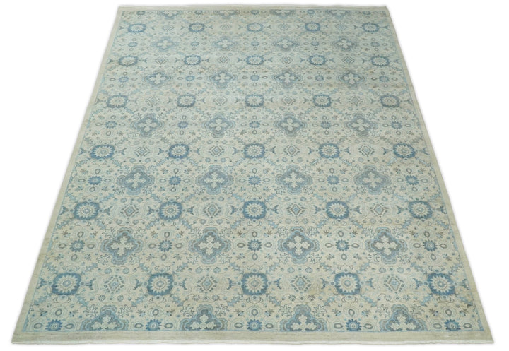 8x10 Hand Knotted Traditional Ivory and Blue Oxidized Textured Low Pile Wool Rug | TRD1650810 - The Rug Decor