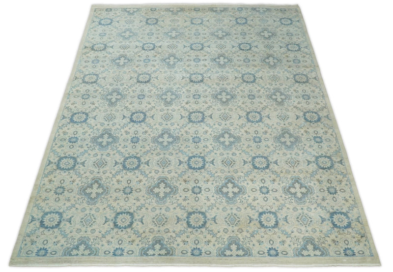 8x10 Hand Knotted Traditional Ivory and Blue Oxidized Textured Low Pile Wool Rug | TRD1650810 - The Rug Decor
