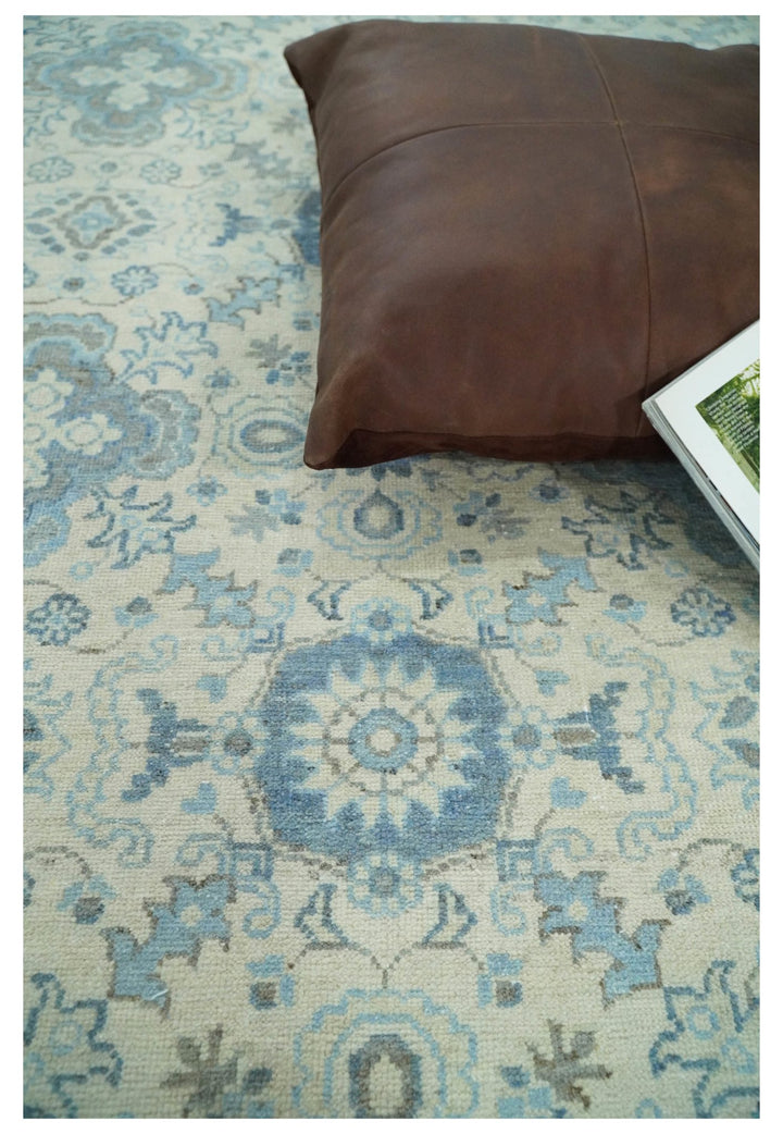 8x10 Hand Knotted Traditional Ivory and Blue Oxidized Textured Low Pile Wool Rug | TRD1650810 - The Rug Decor