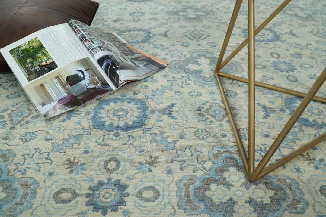 8x10 Hand Knotted Traditional Ivory and Blue Oxidized Textured Low Pile Wool Rug | TRD1650810 - The Rug Decor