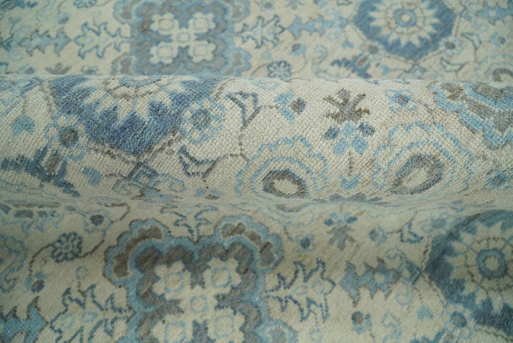 8x10 Hand Knotted Traditional Ivory and Blue Oxidized Textured Low Pile Wool Rug | TRD1650810 - The Rug Decor