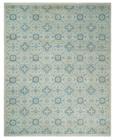 8x10 Hand Knotted Traditional Ivory and Blue Oxidized Textured Low Pile Wool Rug | TRD1650810 - The Rug Decor