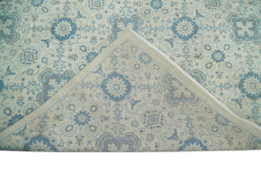 8x10 Hand Knotted Traditional Ivory and Blue Oxidized Textured Low Pile Wool Rug | TRD1650810 - The Rug Decor