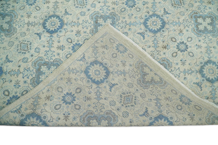 8x10 Hand Knotted Traditional Ivory and Blue Oxidized Textured Low Pile Wool Rug | TRD1650810 - The Rug Decor