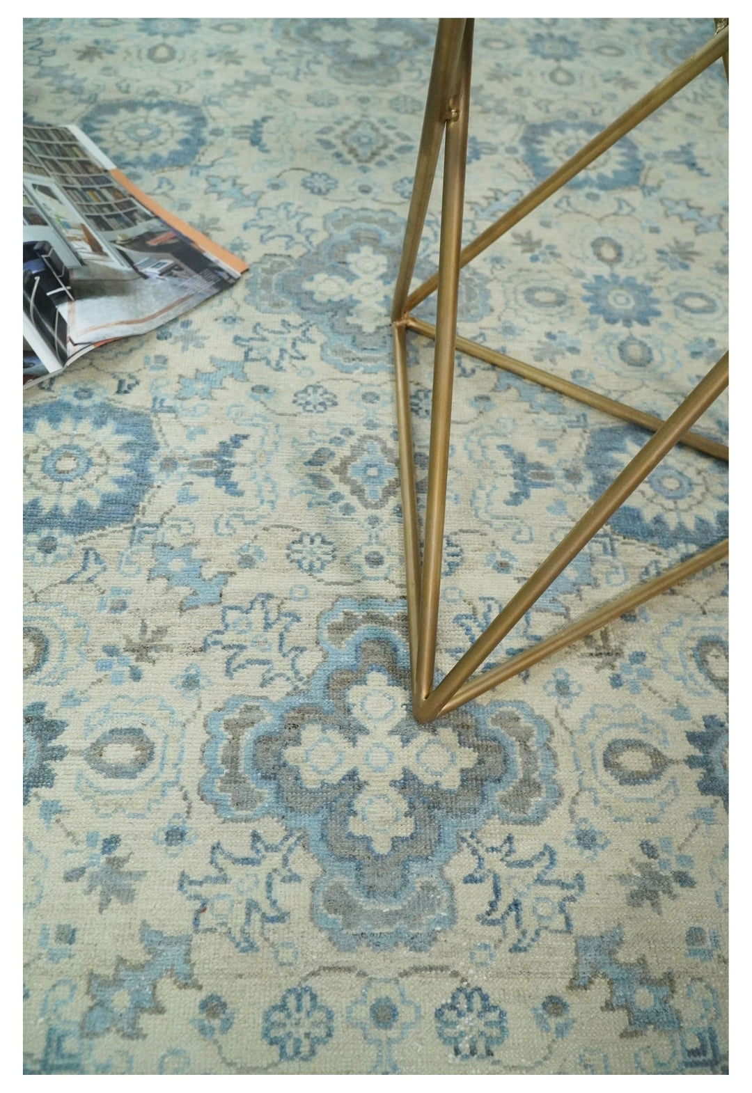 8x10 Hand Knotted Traditional Ivory and Blue Oxidized Textured Low Pile Wool Rug | TRD1650810 - The Rug Decor
