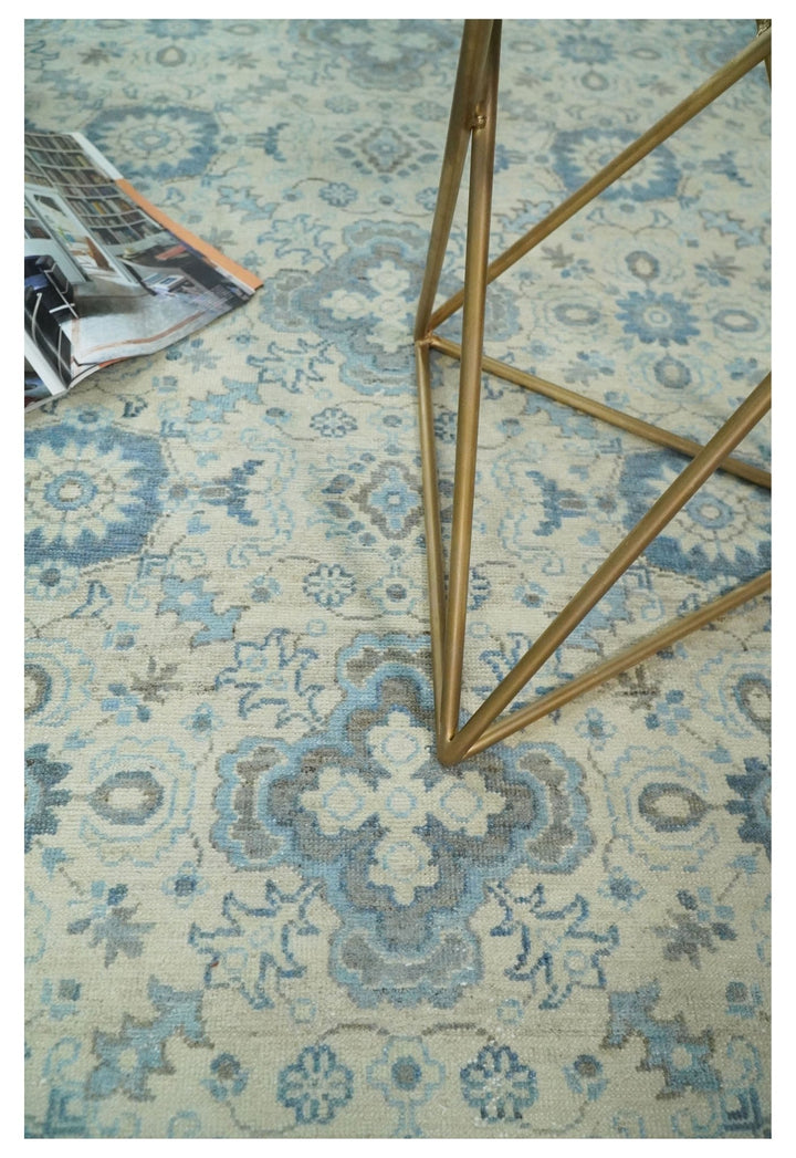 8x10 Hand Knotted Traditional Ivory and Blue Oxidized Textured Low Pile Wool Rug | TRD1650810 - The Rug Decor