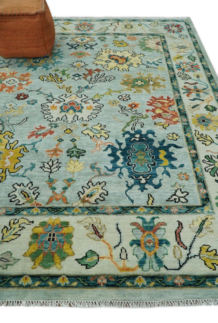 8x10 Hand Knotted Traditional Persian Blue and Beige Vibrant Turkish Oushak Area Rug | TRDCP423810 - The Rug Decor