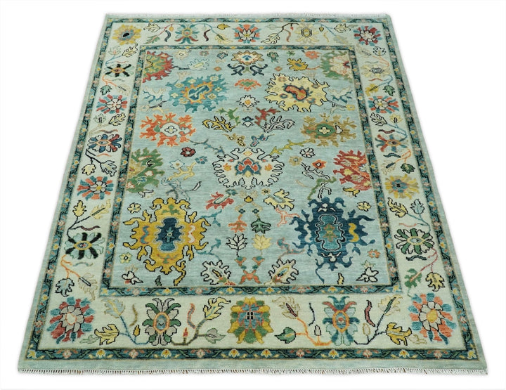 8x10 Hand Knotted Traditional Persian Blue and Beige Vibrant Turkish Oushak Area Rug | TRDCP423810 - The Rug Decor