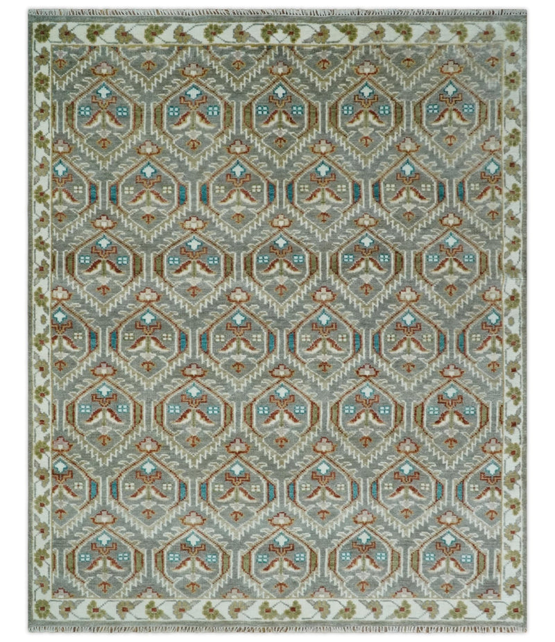 8x10 Hand Knotted Turkish Silver, Ivory and Rust Traditional Antique Persian Low Pile Area Rug | TRDCP1129810S - The Rug Decor