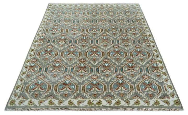 8x10 Hand Knotted Turkish Silver, Ivory and Rust Traditional Antique Persian Low Pile Area Rug | TRDCP1129810S - The Rug Decor