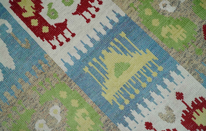 8x10 Hand Knotted White, Blue and Rust Modern Tribal Style Contemporary Recycled Silk Area Rug | OP45 - The Rug Decor