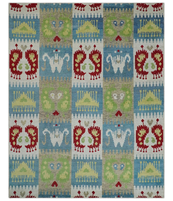 8x10 Hand Knotted White, Blue and Rust Modern Tribal Style Contemporary Recycled Silk Area Rug | OP45 - The Rug Decor
