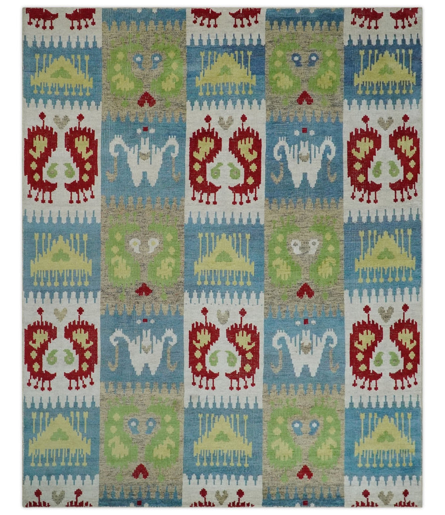 8x10 Hand Knotted White, Blue and Rust Modern Tribal Style Contemporary Recycled Silk Area Rug | OP45 - The Rug Decor