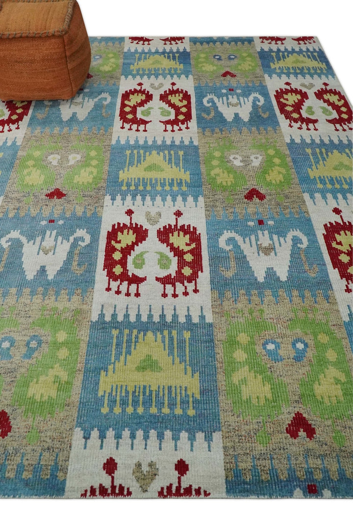 8x10 Hand Knotted White, Blue and Rust Modern Tribal Style Contemporary Recycled Silk Area Rug | OP45 - The Rug Decor