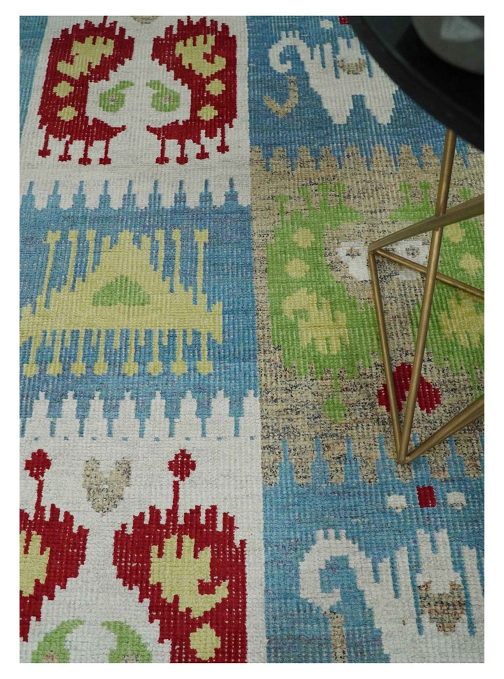 8x10 Hand Knotted White, Blue and Rust Modern Tribal Style Contemporary Recycled Silk Area Rug | OP45 - The Rug Decor