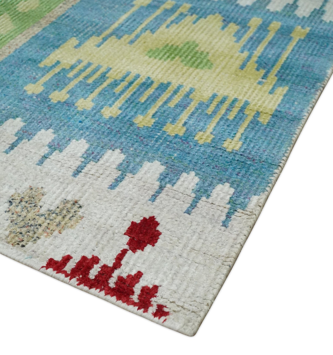 8x10 Hand Knotted White, Blue and Rust Modern Tribal Style Contemporary Recycled Silk Area Rug | OP45 - The Rug Decor